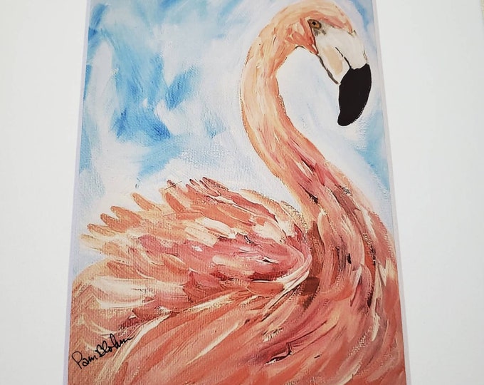 Artist Print  " Flirting Flamingo"  - White Matted to 8x10 frame size -bathroom wall decor -zoo animal nursery decor-Spirit animal