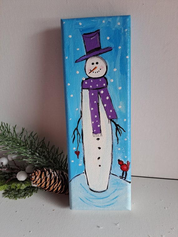 Snowman with Purple hat and scarf - 3x9 original acrylic painting- Christmas small art