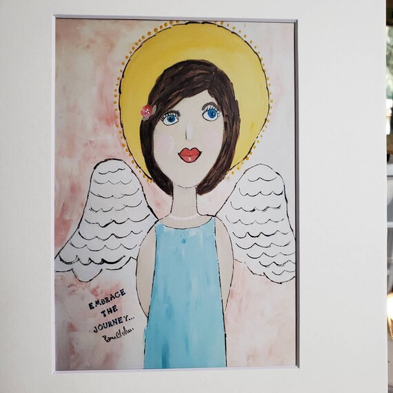 Angel Art PRINT "Embrace the Journey "- white matted to 8x10 frame size-Dark hair angel with Halo