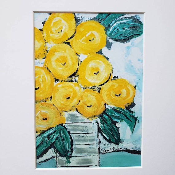 Floral PRINT "Yellow Flowers" -Vase of Yellow Roses- Yellow and Teal Flower Bouquet Wall Art - white matted to 8x10