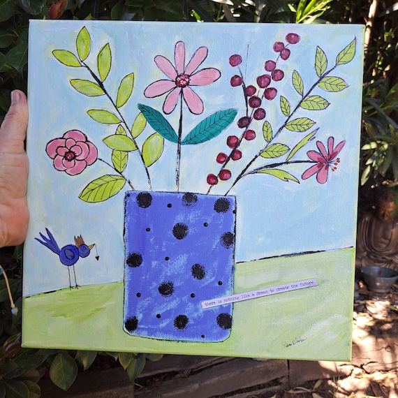 Whimsical Vase of Wildflowers Original Acrylic Painting-12x12 Wildflower artwork