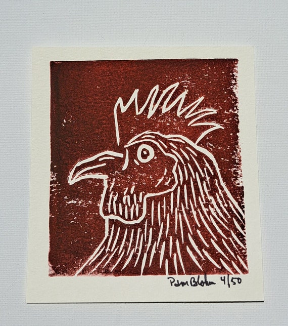 Rooster Linocut Print-Unframed 5x5 Small art Print only-Print 4/50