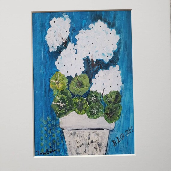 Artist PRINT - "White Geraniums" Potted Geranium flowers artwork - white matted to 8x10 frame size- Garden Flowers in Pot - Geranium Art