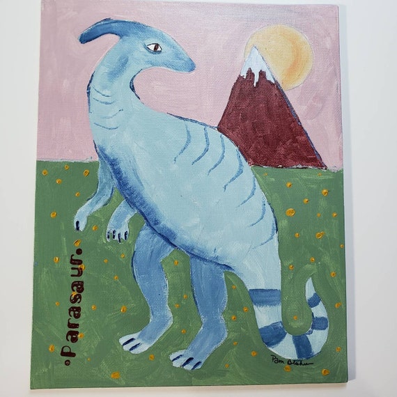 Original acrylic painting-Parasaur Dinosaur -8x10 canvas panel- kids Room Dino art-boho color pallette