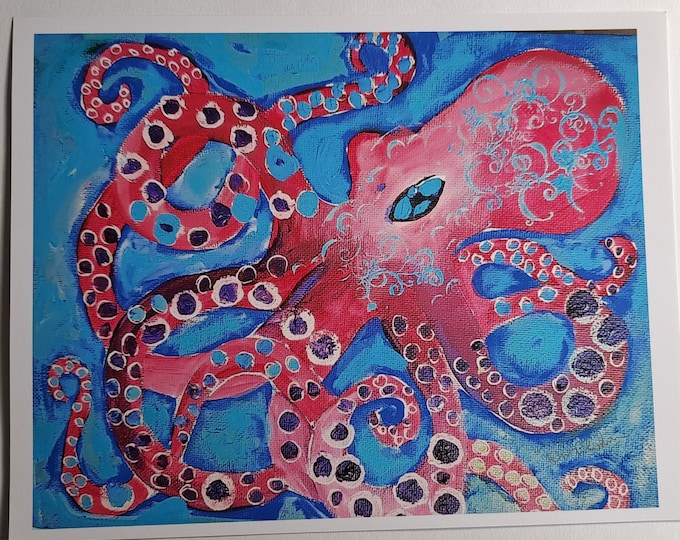 PINK Octopus 8x10 Artist PRINT only- Abstract Ocean Life- Fun Home Decor -Nursery Wall Art