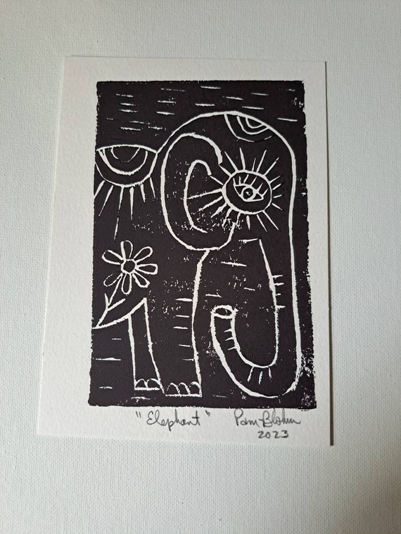 Linoleum Block Print "Elephant " black ink - 5x7 linocut artwork-Elephant Art Block Print-Small art gift idea