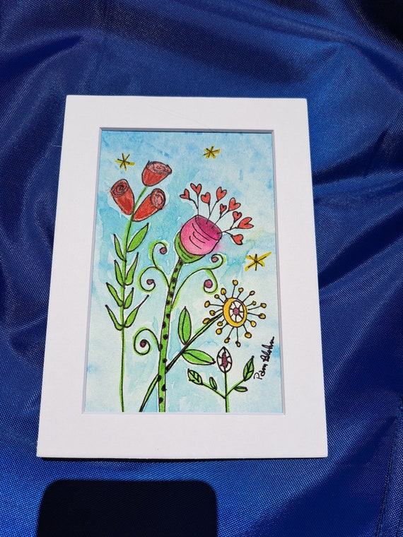 Whimsical Flowers "Dreams do come True" -Original watercolor and ink white matted to 5x7- Boho Fun Flowers