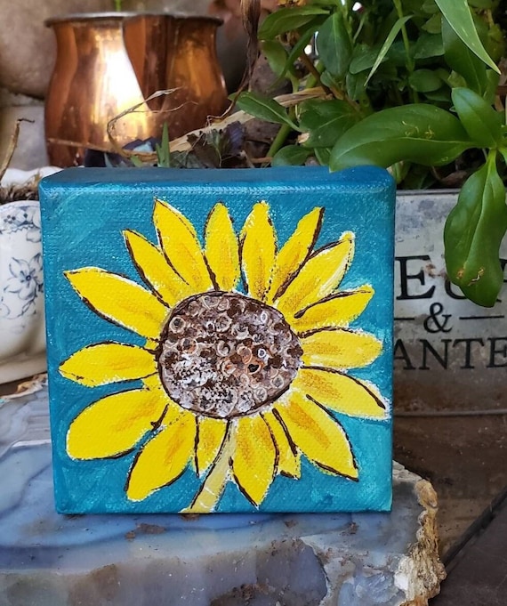 Small art "Sunflower Fun" -4x4 small shelf art - Yellow Sunflower artwork-Yellow and Teal Home Decor