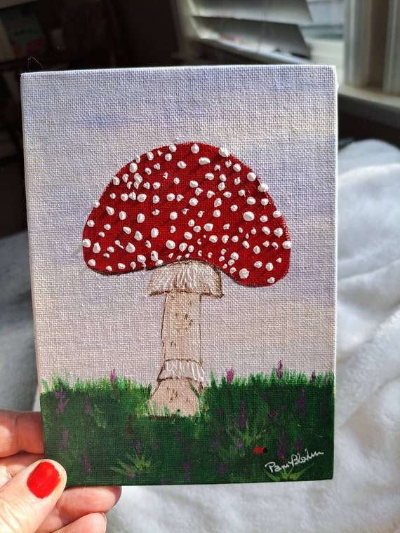 Mushroom Acrylic Painting -Red Cap Fungi Original artwork -Unframed 5x7 linen canvas Panel-Red Cap Fly Agaric