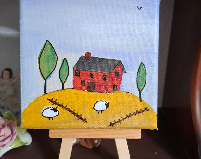 Small art "Red Farmhouse" Original Acrylic Painting -4x4x.50 unframed stretched canvas- Farm Scenery artwork