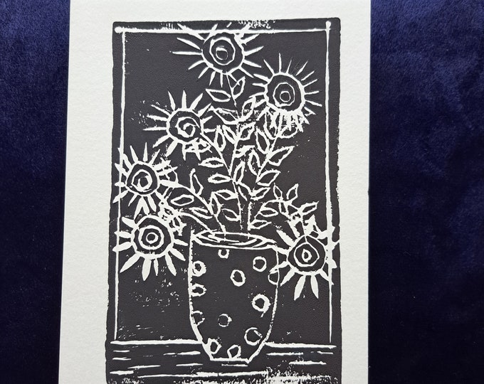 Black ink "Vase of Sunflowers " LINOLEUM Block Print- 5x7 unframed wall art - black snd white home decor