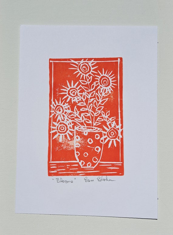Sunflowers Linocut Print "Blooms" - Orange Ink Wall art- 7" x 9.5" Print only