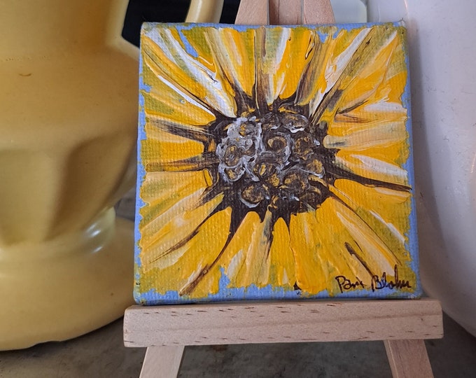 TINY ART Yellow Sunflower  Original Acrylic Painting - 2.5 x 2.5 " Canvas Panel - small gift idea  includes display easel