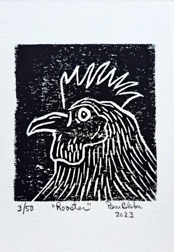 Lino Block Print "Rooster" Head- limited edition 3/50 in Black Ink -5x7 inch unframed Farm Theme wall art - farm theme kitchen decor