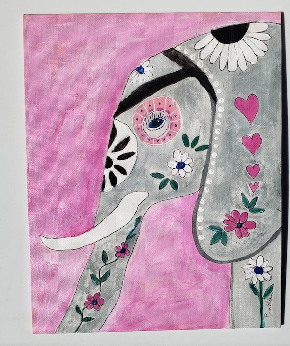Original "Princess Elephant of India " Acrylic Painting-8x10 unframed canvas panel- Painted Elephant artwork -teen room wall art
