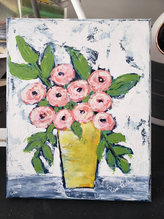Original Acrylic Painting-Vase of Peach Flowers-8x10 floral wall art