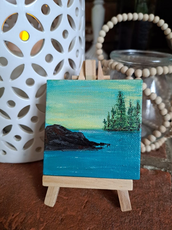 Tiny art Lake and Trees Landscape -Original Acrylic Painting -3x3 artwork includes display easel