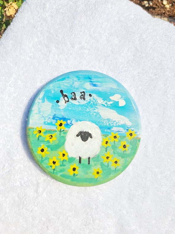 Sheep in Field of Yellow Flowers - Original Acrylic Painting- Farm Theme Nursery Wall Art -5.25 Pinewood Round Painting