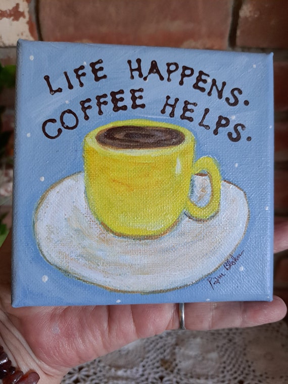 Yellow "Coffee Cup" Original Acrylic Painting- 5x5 unframed stretched canvas- Coffee Kitchen Decor artwork