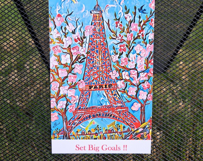 Paris "Set BIG Goals" Eiffel Tower Magnet with Cherry Blossoms "   Magnet 3.25" x5"  Kitchen Magnet - Paris in Spring- Goal encouragement