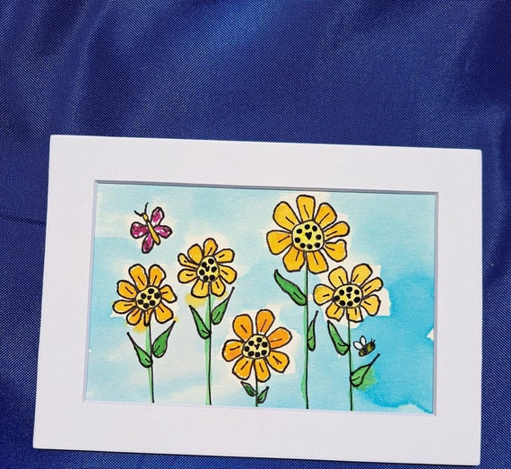 Original Watercolor and Ink Flower Painting - "Five Garden Flowers " -White matted to 5x7 frame size - Yellow Orange garden flowers artwork