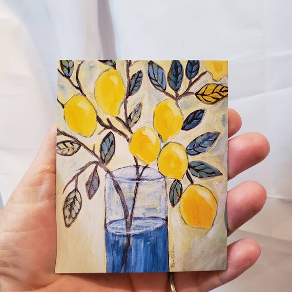 Lemon Magnet - Lemon Branch In Vase -3.25x4.25 inches Lemon Art Kitchen Magnet-small gift idea under 10- Lemon Home Decor