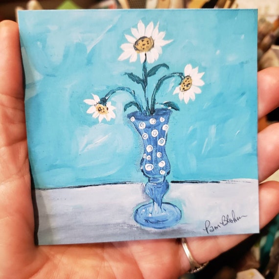 Flower vase Fridge MAGNET -"Daisies in a Vase " 3.5x3.5 " Daisy Small art gift idea under 10