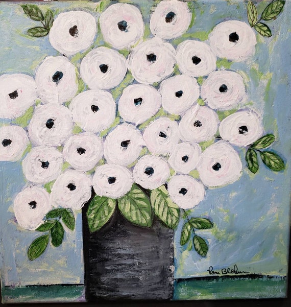 Vase of White Flowers -12x12 Original acrylic painting- Blue and Green Home Decor
