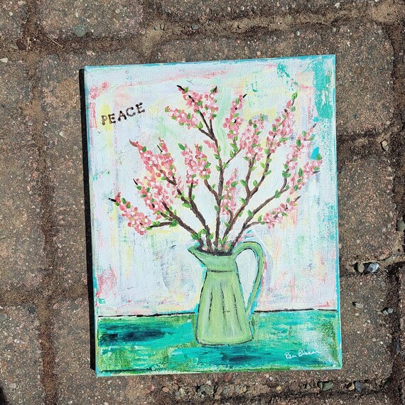 Vintage Watering can full of flowers- 8x10 Stretched Canvas Original acrylic painting - Floral wall art -peach and green decor