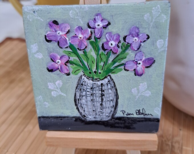 Tiny art Vase of Lavender Flowers Original Acrylic Painting -3x3 Flowers  artwork includes display easel