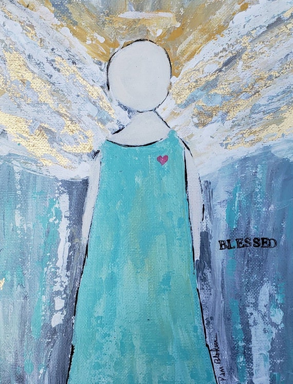 Original acrylic painting-Angel Art "Believe" - 8x10 unframed Canvas PANEL-Guardian Angel gift idea- Art word is Blessed
