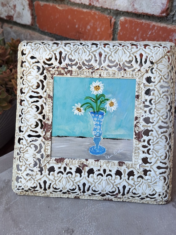 Framed White Daisies in a Blue Polka-dot vase- 4x4 Original Acrylic Painting on Birchwood canvas-Framed Artwork Gift Idea.