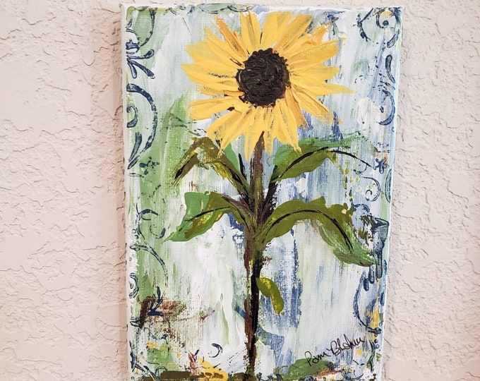 Original "Yellow Sunflower"  Acrylic Painting-5x7 wrapped canvas - Small Gift - Flower wall art