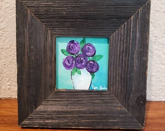 FRAMED  "Purple Roses " - Original acrylic art-  3x3 small  art on Birchwood canvas- Purple Flowers Small art- Purple and Teal Home Decor
