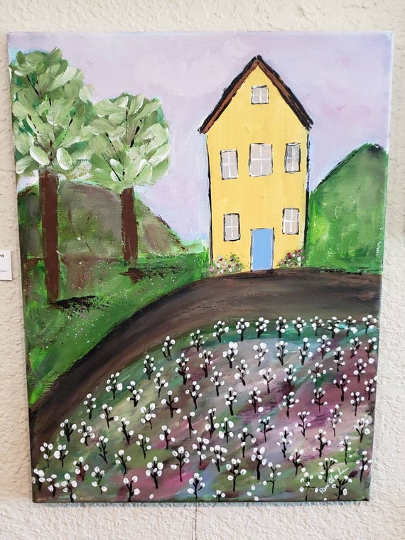 Cotton Farm "The Yellow House on the Hill" - 12x16 Original Acrylic Painting - Folk Art home decor- Primitive wall art- Farmhouse