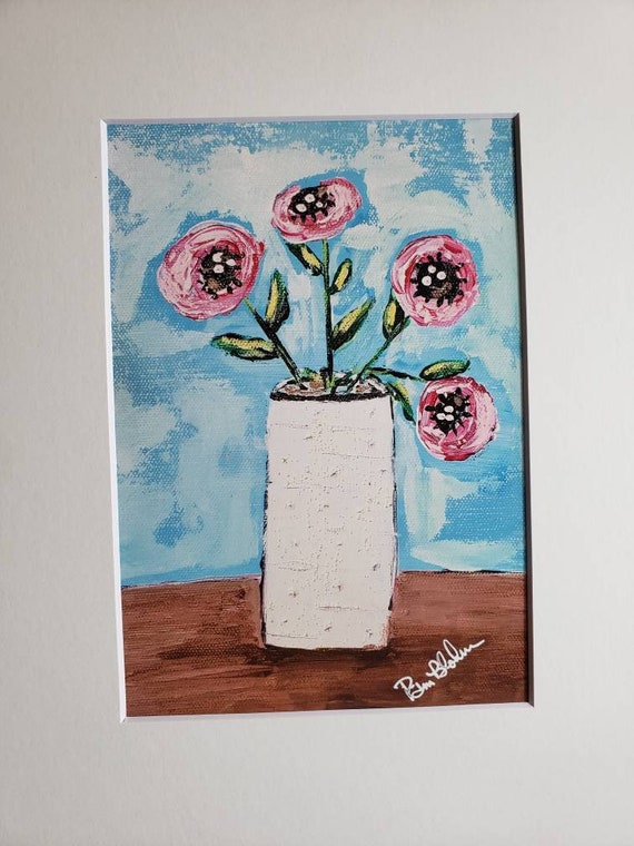 Artist PRINT -Vase of 4 "Pink Flowers " -white matted to 8x10 frame size
