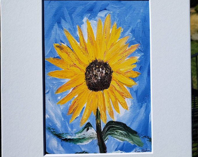 PRINT Sunflower art   "Single Lady" - Garden Flowers SUNFLOWER art -8x10 white matted Yellow Sunflower-Blue and Yellow home decor