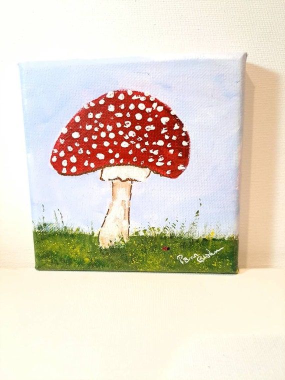 Fly Agaric- Red cap Mushroom Original Acrylic Painting- " Fabulous Fungi" 5x5 stretched canvas