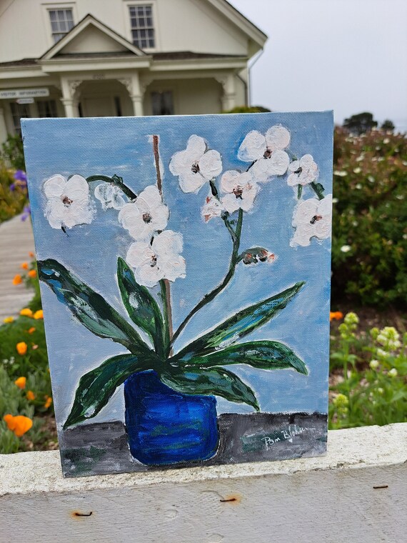 Orchid Art "Nancy Grace " - Original Acrylic Painting- Impressionist potted white orchid flowers art - unframed 8x10 linen canvas Panel.