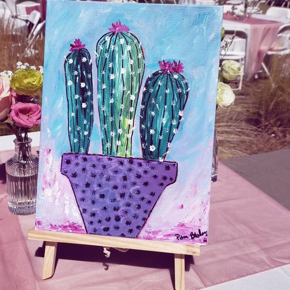 Cactus Artwork-Blooming Saguaro-Blooming Saguaro - 9×12 Original Acrylic Painting - Home decor wall art-Desert Cactus art-Canvas Panel