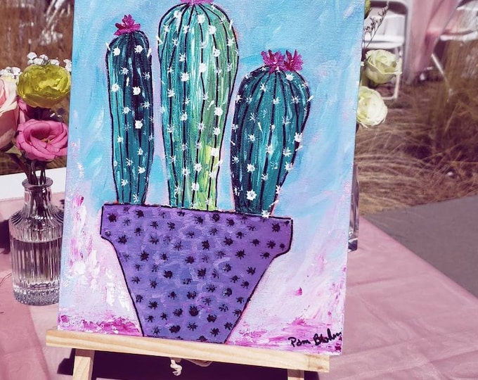 Cactus Artwork-Blooming Saguaro-Blooming Saguaro - Original Acrylic Painting - Home decor wall art-Desert Cactus art-9x12 Canvas Panel