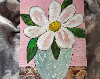 Magnolia Blossom in Decorative Vase -11x14 Original acrylic painting- Unframed canvas panel