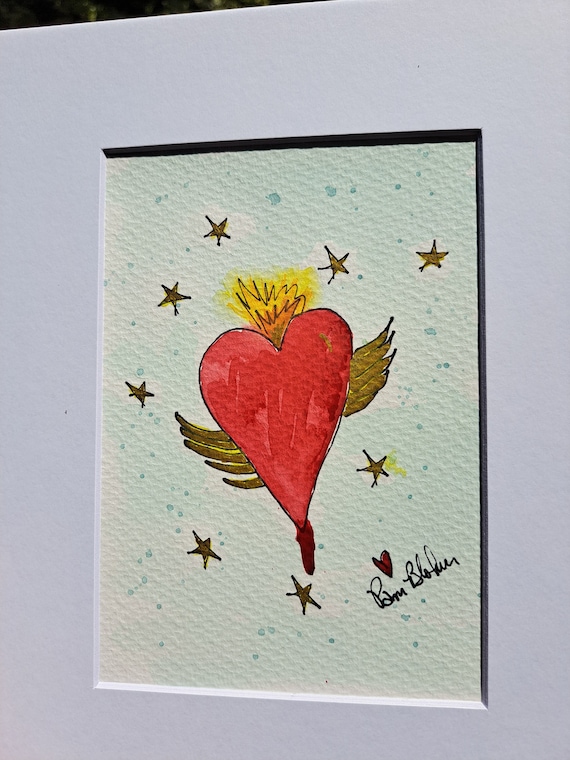 Original Milagros Heart art "My Heart has Wings" Original watercolor and ink painting-White matted to 8x10 frame ize