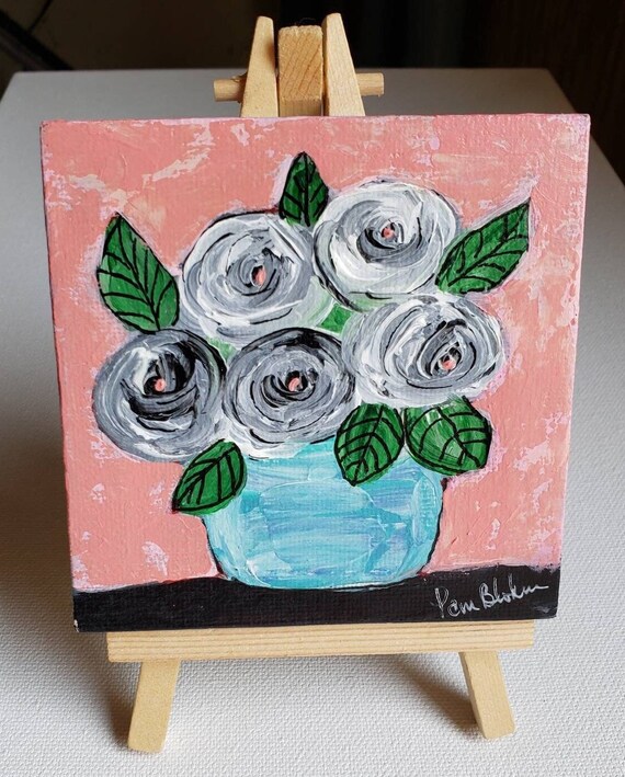 Tiny art "GREY Roses in Vase "-4x4 original acrylic painting-  Art Canvas includes display easel- Floral Rose art, still life