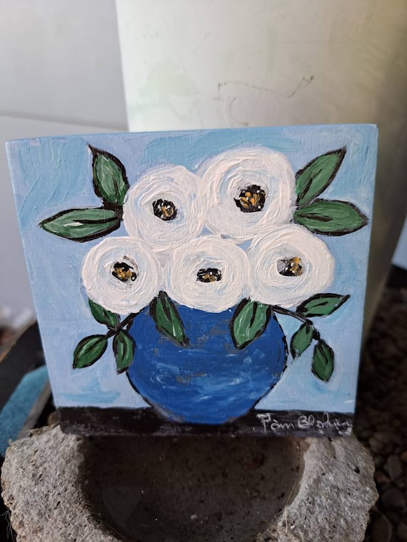 Vase of White Flowers in Blue Vase - 4x4 Small art Original acrylic painting "Spring Blossoms " on Birchwood canvas
