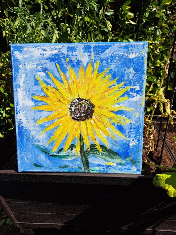 Original "Summer Sunflower" Acrylic painting- 12×12 wall art -Abstract Floral painting - Yellow and Blue Flower art
