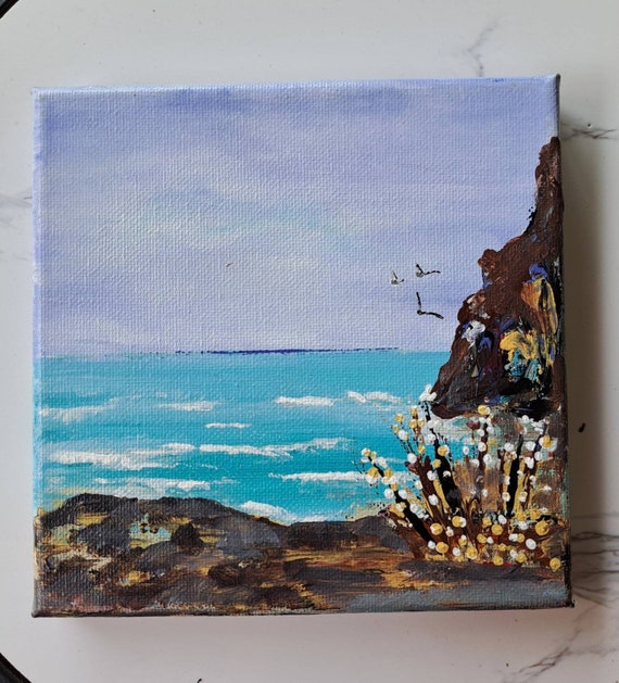 Seascape Original acrylic painting "Bird Watching" - 6x6 Stretched canvas ocean scenery wall art - California Coastal art