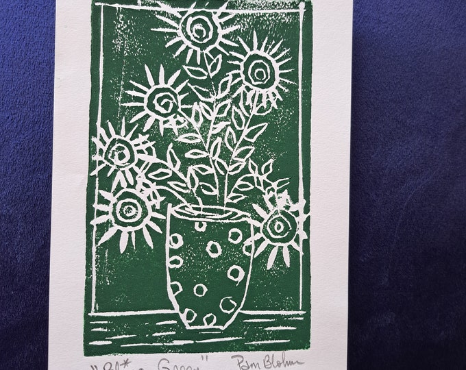 LINOLEUM Block Print  "Bling Green" -Vase of 6 Sunflowers- unframed 5x7.5 " Green Wall art