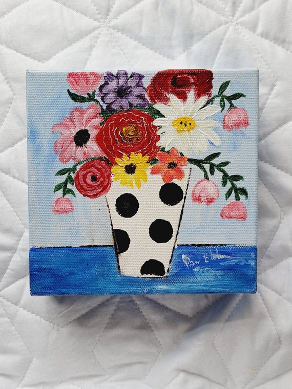 Original Acrylic Painting -Vase of Flowers- Summer bouquet 6x6 small art - Flowers Still Life Wall art -Polka Dot Home Decor