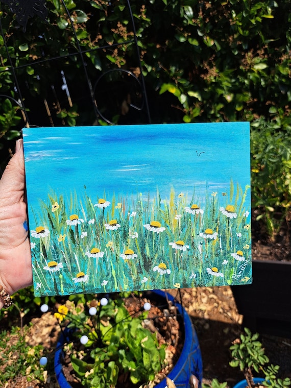 Original acrylic painting " Meadow Daisies " Landscape painting - 6x8 Birchwood canvas home decor